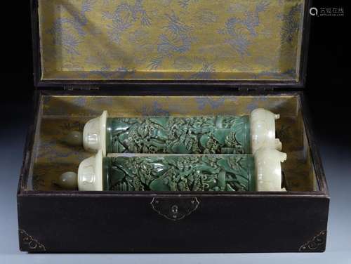 A Pair of Hetian Jade with White Jade and Jasper Incense Tub...