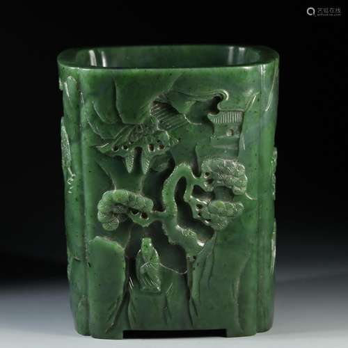 Hetian jade jasper landscape figure square brush holder