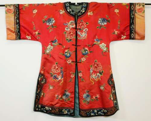 Chinese Qing Embroidered Peony Pink Silk 3/4 Coat