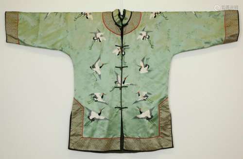 Chinese Celadon Silk Damask Jacket w Cranes
