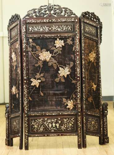 Large Chinese 3 Part Inlaid Wood Table Screen