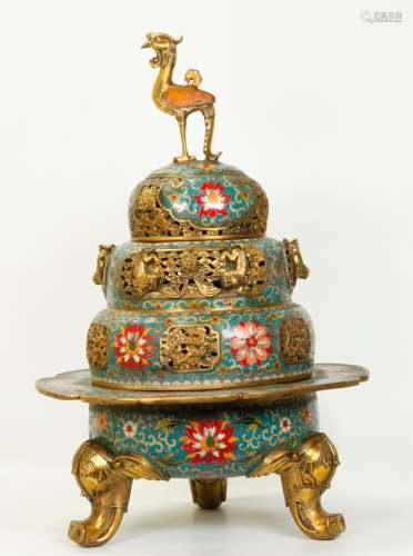 Chinese 4 Part Bronze & Cloisonne Incense Burner