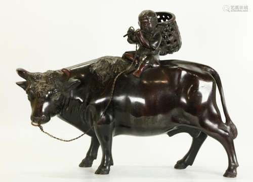 Lg Japanese Bronze Okimono Boy on Water Buffalo