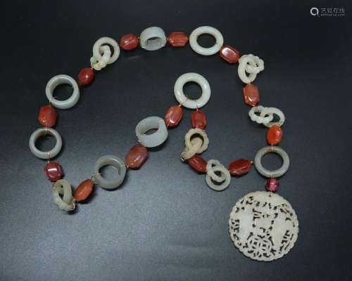 Chinese Qing Hard Stone Pendant, 14 Jade Rings