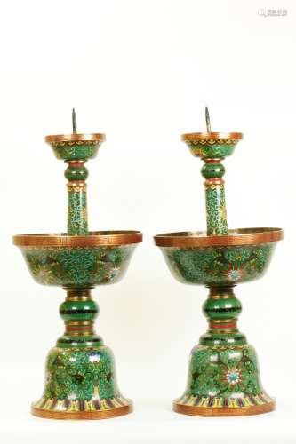 Pr Chinese Cloisonne & Bronze Altar Candlesticks