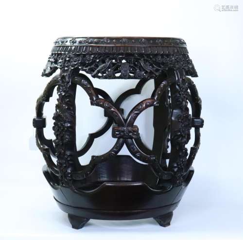 Chinese Carved Hard Wood Marble Barrel Seat