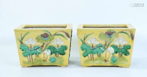 Pair Chinese Yellow Porcelain 4 Sided Planters