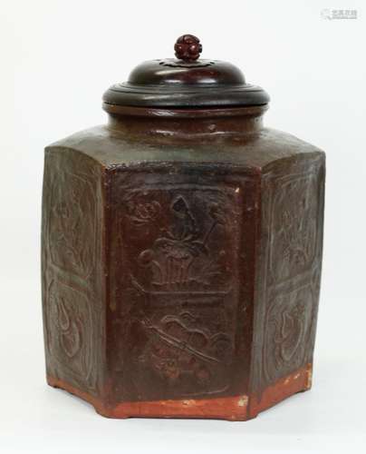 Chinese Molded Yixing Hexagonal Tea Storage Jar