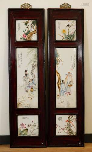 Pair Chinese Late Qing 3 Porcelain Plaque Panels