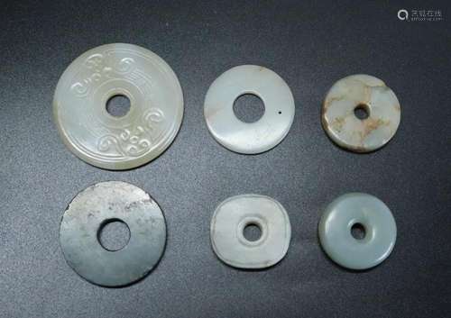 6 Chinese Qing "Bi" Shaped Round Jade Pendants