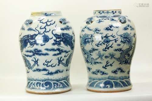 Nr-Pr Chinese 19C Blue White Porcelain Dragon Jars