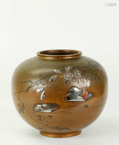 Japanese Mandarin Duck Mixed Metals on Bronze Jar