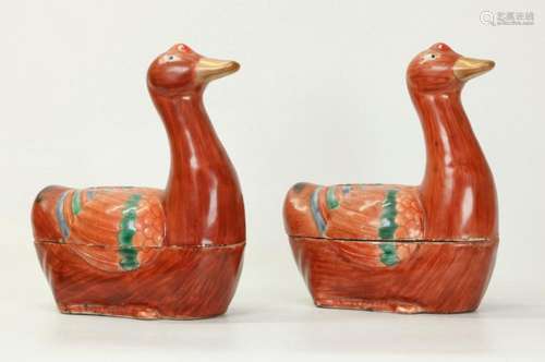 Pr Chinese Duck Porcelain Covered Boxes