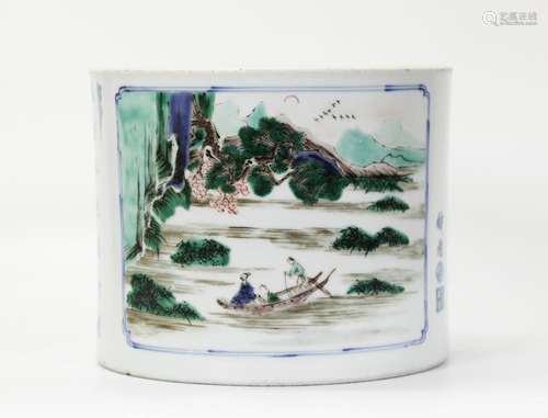 Chinese Famille Verte & Blue Porcelain Brush Pot