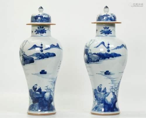 Pr Chinese Blue & White Porcelain Covered Jars