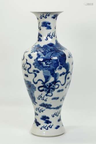 Chinese Qing Blue & White Porcelain Fu Dog Vase