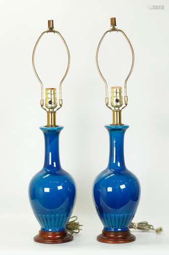 Pair Chinese Monochrome Blue Porcelain Lamps