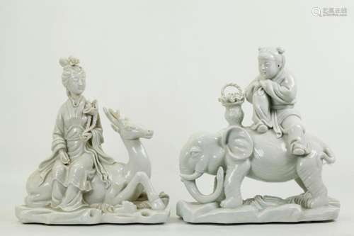 2 Chinese Blanc de Chine Porcelains Deer Elephant