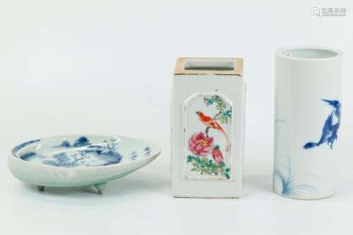 2 Chinese Porcelain Brush Pots; Japanese Shell