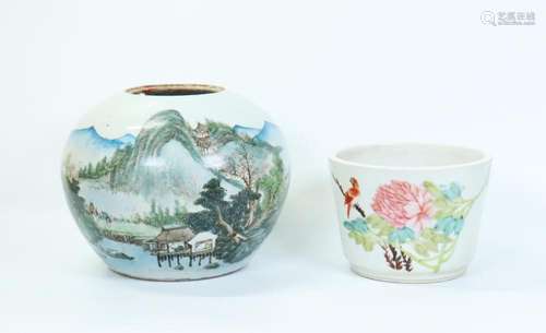 2 Chinese Artist Painted Porcelains; Jar & Planter