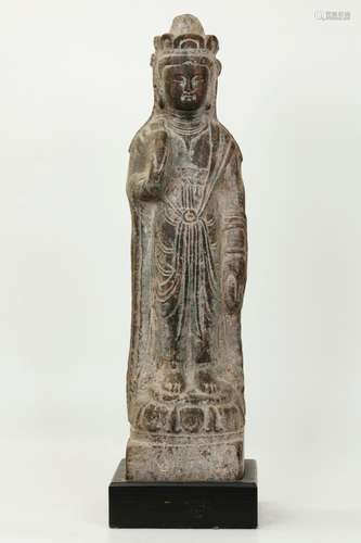 Chinese Carved Stone Standing Guanyin; Wood Base