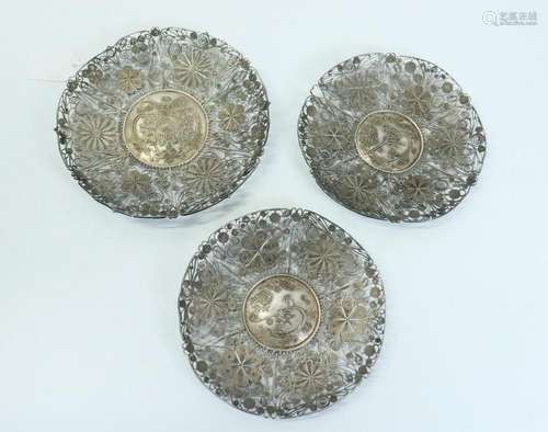 3 Fine Chinese Silver Wire-Work Plates; 274.4G