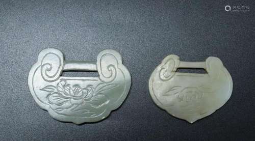 2 Chinese Qing Pale Celadon Jade Lock Pendants