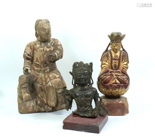 2 Chinese Carved Wood Figures; Tibetan Buddha Part