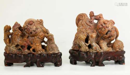 Near-Pair Chinese Shoushan Soapstone Fu Dogs