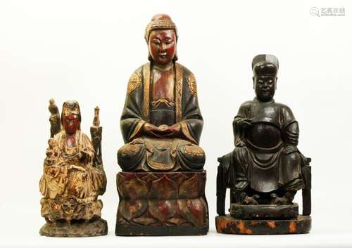 3 Chinese Carved Hard Wood Figures Guanyin Buddha