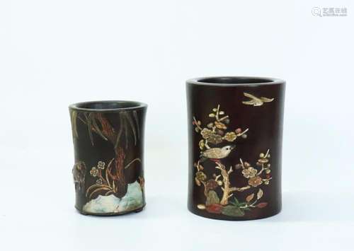 2 Fine Chinese Inlaid Hard Wood Brush Pots