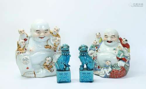 2 Chinese Porcelain Budai Buddha Pr Turquoise Dogs