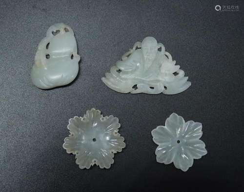 4 Chinese Qing White Jades, Flowers Gourd Shouxing