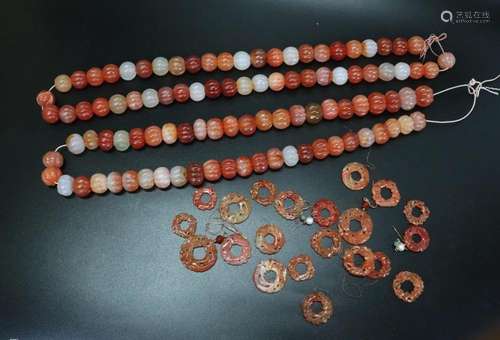 Chinese Carved Carnelian Agate 99 Beads 21 Rings