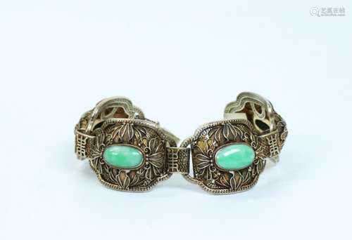 Chinese Gilt Silver Wire Work & Jadeite Bracelet