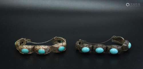 2 Chinese Silver Wire Work Bracelets w Turquoise