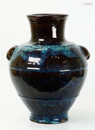 Chinese Jun Glazed Yixing Vase w Lingzhi Handles