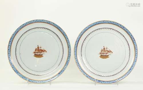 Pr Chinese 19 C Porcelain US Clipper Ship Plates