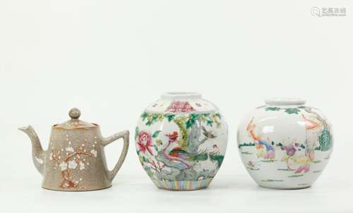 2 Chinese 19th C Porcelain Jars; Crackle Teapot