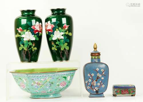 Pr Japanese Cloisonne Vases; 3 Chinese Enamels