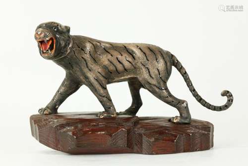 Chinese Enameled Silver Tiger Figure; Stand