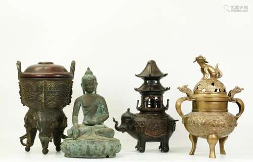 3 Chinese Bronze Incense Burners; 1 Tibetan Buddha