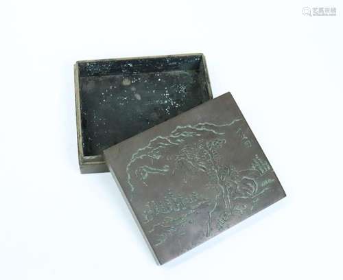 Chinese Bronze Travelling Ink Box, Incised Cover