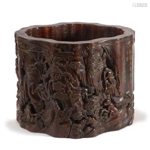 A CHINESE CARVED ALOES WOOD LANDSCAPE BRUSHPOT