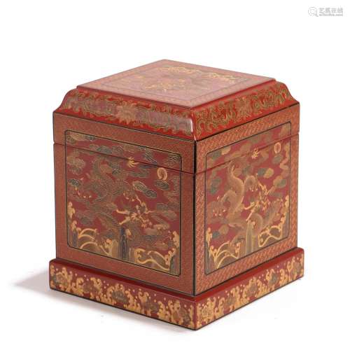 A CHINESE MONOCHROME PAINTED LACQUER DRAGON BOX
