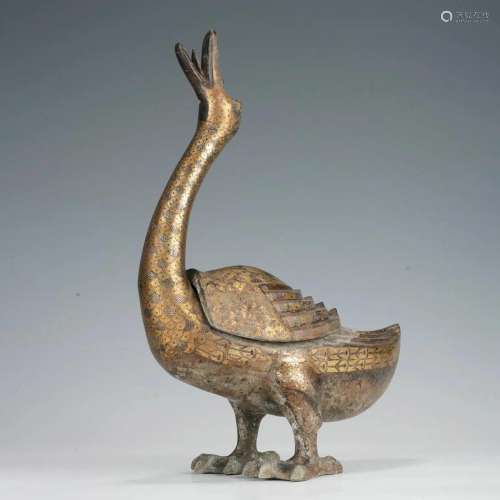 A CHINESE GOLD AND SILVER DECORATED BRONZE DUCK