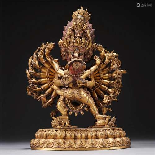 A RARE TIBETAN BRONZE-GILT YAMANTAKA