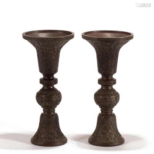 PAIR CHINESE BRONZE BEAKER VASES GU