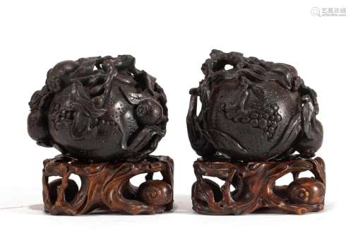 PAIR CHINESE CARVED ROSEWOOD LONGEVITY PEACHES