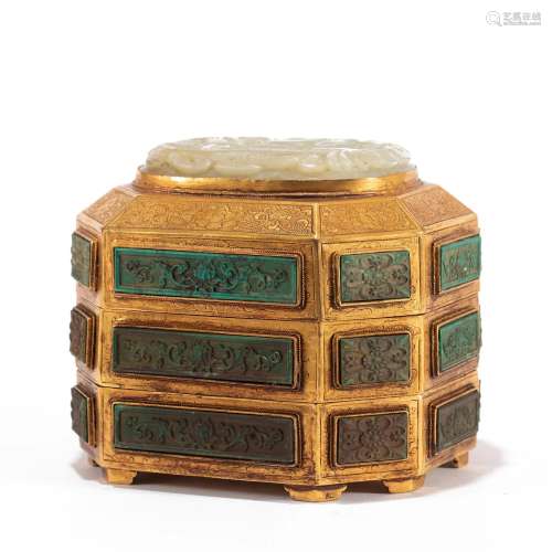 A CHINESE JADE INLAID BRONZE-GILT BOX WITH COVER